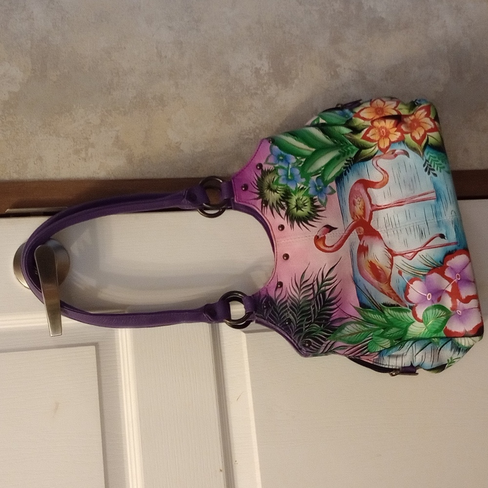 Anuschka Flamingo leather handbag.       Your Purchase Supports Wildlife Rescue!